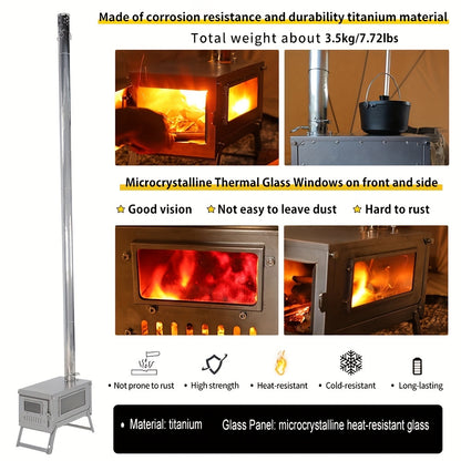 Titanium Houtkachel – Ultralicht – Draagbaar – Kampeerkachel – Outdoor Kachel – Efficiënte Verbranding – Hittebestendig Venster
