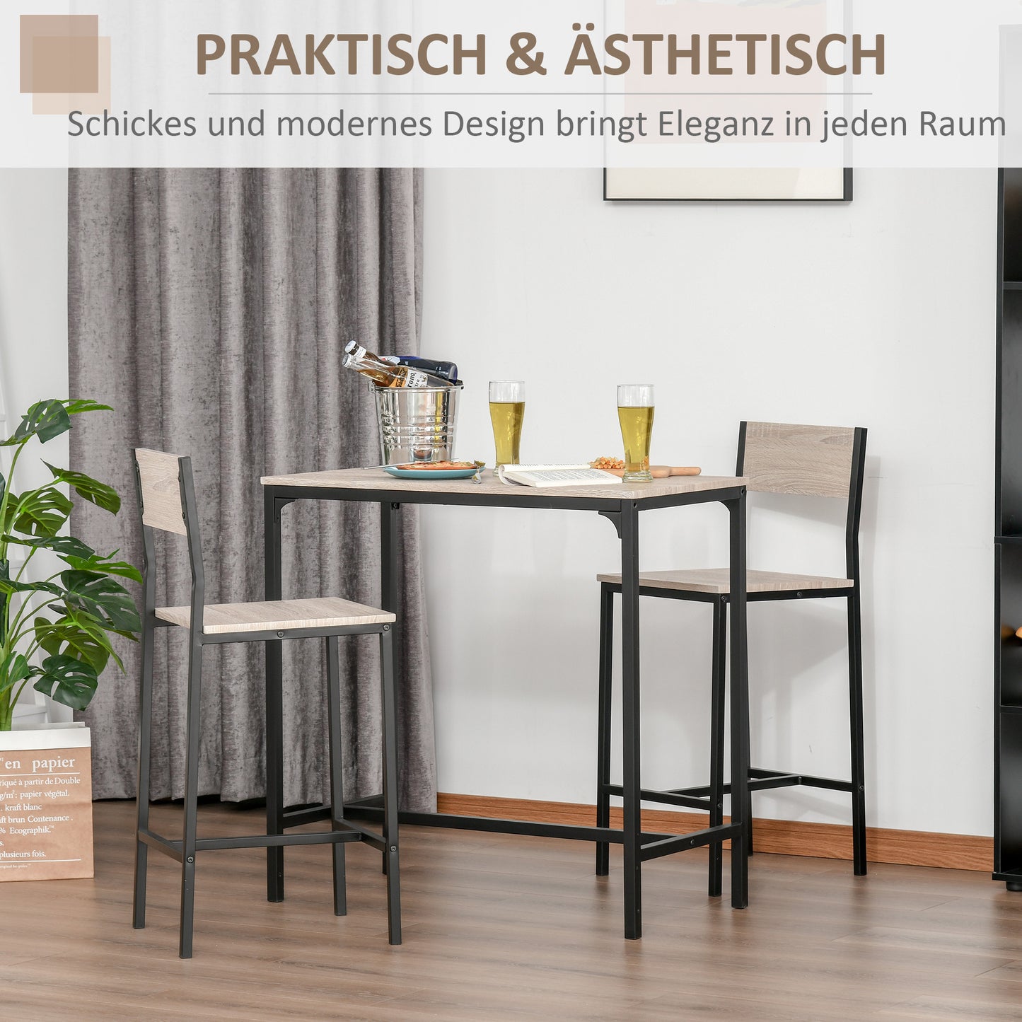 Barset – Barkrukken – Bartafel – Eettafel Set – Bistroset – Natuurlijk Hout – Zwart Metalen Frame – 2 Stoelen Met Rugleuning – Compact & Stijlvol