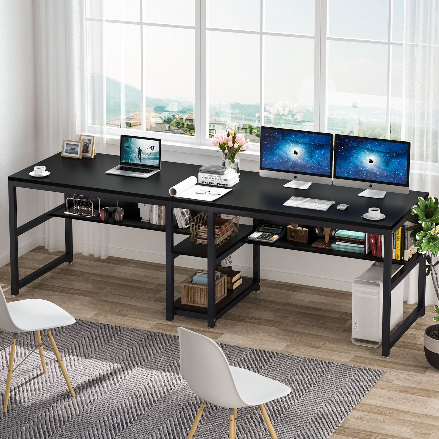 Bureau – Bureautafel – Computertafel – Werkplek – Dubbel bureau – 200 cm lang – Dubbele opbergruimte – Industrieel metalen frame