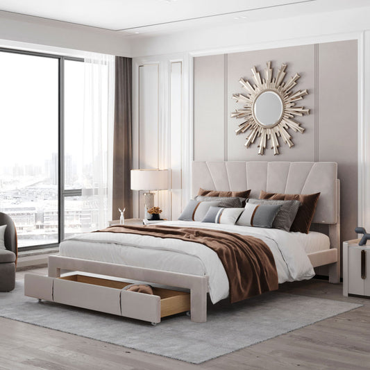 Tweepersoonsbed – 2-Persoonsbed – Bedframe – Slaapkamerbed – Fluwelen Bed – 140x200 cm – Beige Velvet – Lattenbodem Met Opberglade – Retro Modern Gebogen Hoofdeind