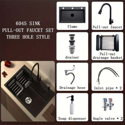 Matte Zwarte Enkele Kom Spoelbak – Keukenset, Spoeltafel, Keukenbak, Spoelbakset – 304 Roestvrij Staal – Kras- en Vlekbestendig Met Uittrekbare Kraan & Geïntegreerde Zeeppomp