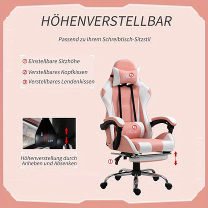 Gamingstoel – Bureaustoel – Gamestoel – Werkstoel – Office Chair – Ergonomisch – Verstelbare Hoogte 119-127 cm – 360° Draaibaar – Lendensteun – Metalen Frame – PVC Leer – Hoofdsteun – Roze Zwart