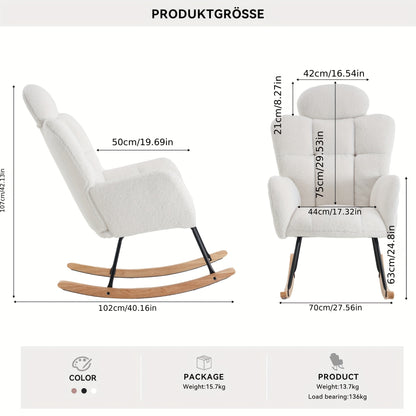 Draaifauteuil – Fauteuil – Relaxstoel – Schommelstoel – Lounge Chair – Wit – Zachte Teddy Bekleding – Massief Houten Frame