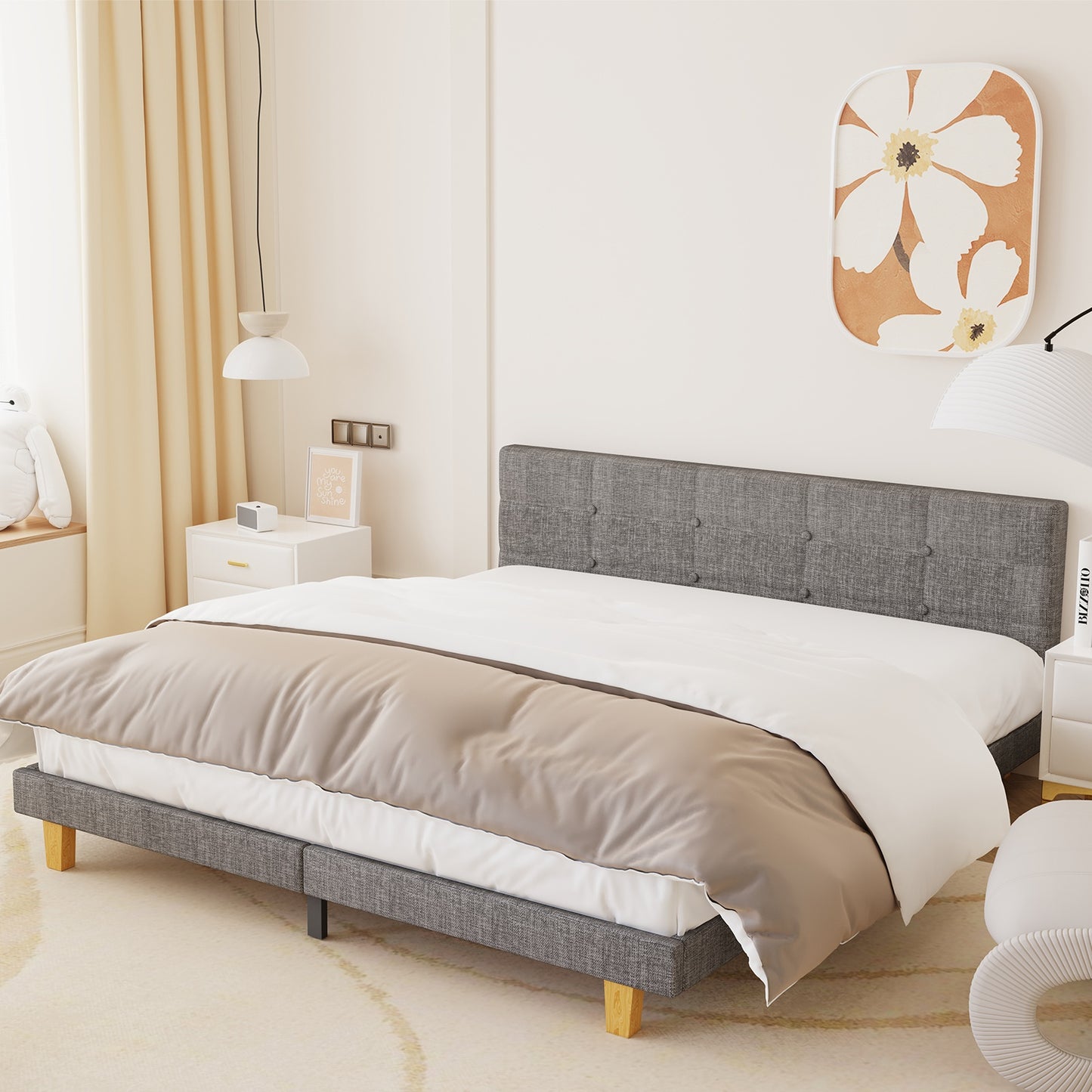 Tweepersoonsbed – Gestoffeerd Bed – 1 Persoonsbed – Logeerbed – Slaapbed – 90x200 cm – Met Stabiel Metalen Frame – Geluidsloze Stevige Lattenbodem