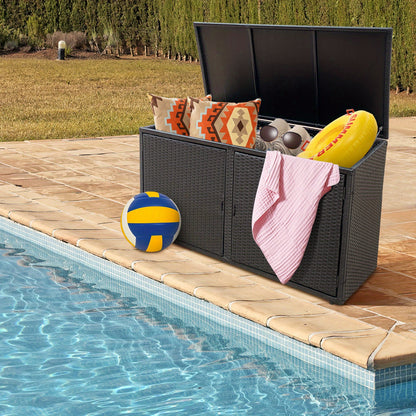 Opbergkast Buiten – Tuinkast – Opbergbox – Tuinkastje – Buitenkast – 2-laags Rattan – Weerbestendig Met Metalen Frame – 115x60x65 cm