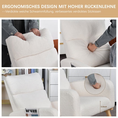 Schommelstoel – Schommelstoel Woonkamer – Relaxstoel – Schommelstoel Met Voetensteun – Lounge Stoel Wit – Wit Schapenvacht – Anti-Slip Voetjes – Comfortabele Zitting