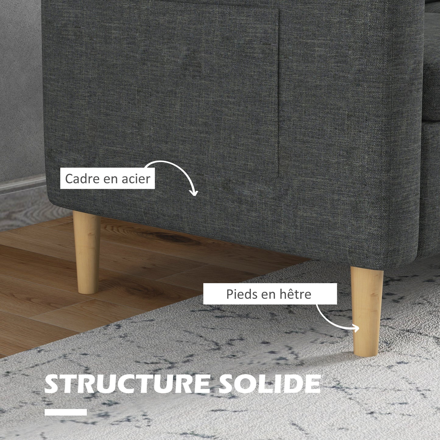 Bankstel – 2-Zitsbank – Zitbank – Sofa – Loveseat – Scandinavisch Design – Grijze Linnenlook Stof – Met Opbergvakjes Armleuningen – Massief Beukenhouten Poten