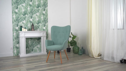 Nordic fauteuil – armstoel – loungestoel – zetel – relaxstoel – groen katoenen bekleding – metalen frame met houten poten – 66x71x109 cm