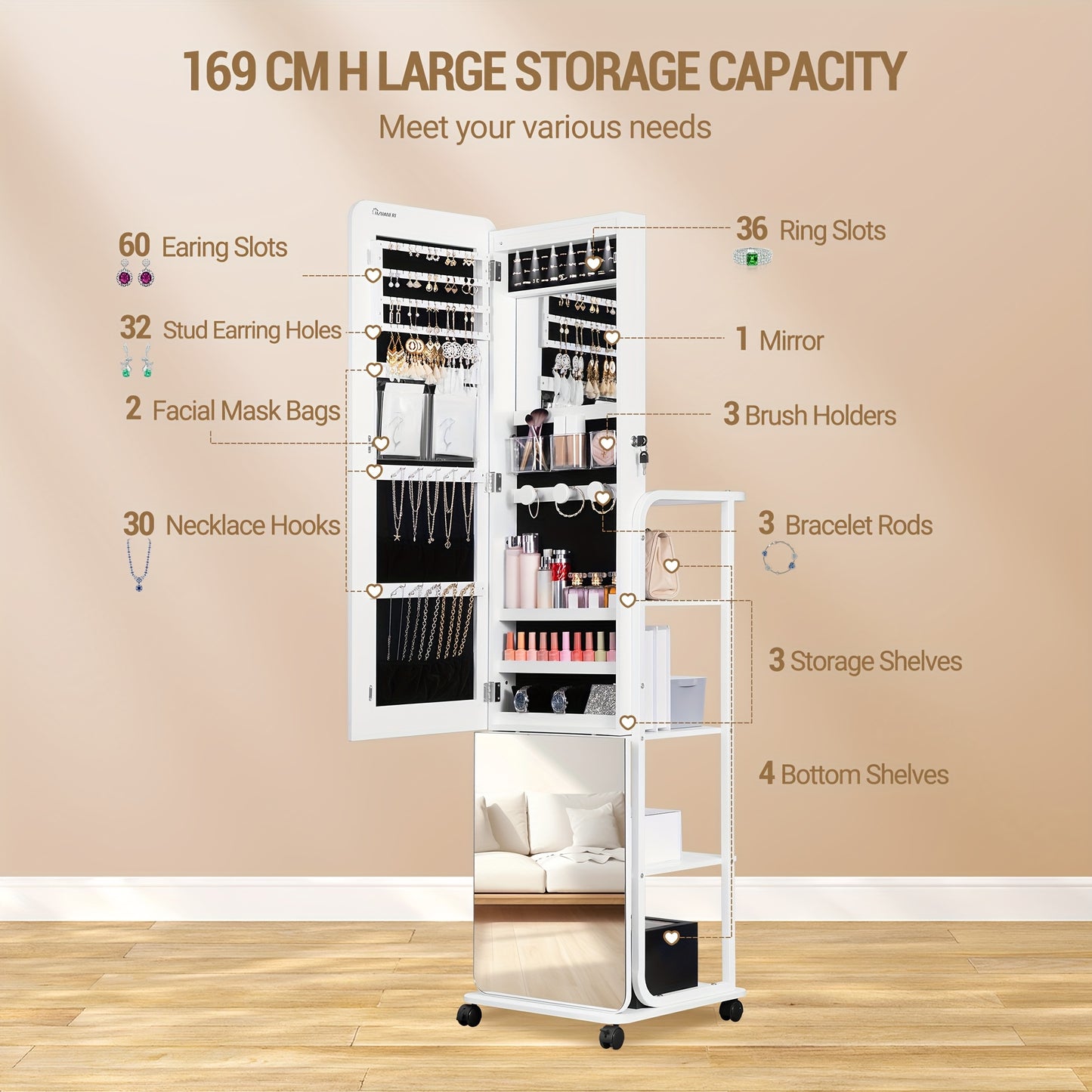 Sieradencollectiekast – Sieradenkast – Spiegelkast – Juwelenkast – Hangkast – Extra brede spiegel – Veilig slot – 4-laags opbergruimte – Mobiel met 4 wielen – Wit MDF met fluwelen voering
