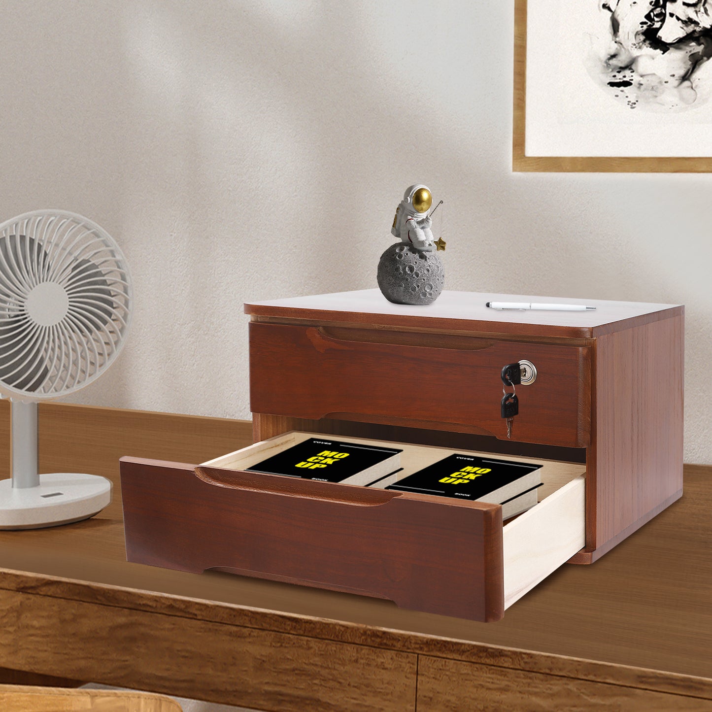 2-Tier Locking with Lock - Heavy-Duty Tung Wood, Walnut-Finish Desktop Organizer with 2 Drawers & Top Shelf for Home Office, Study, or Living Room - Locking Mechanism, Space-Saving Design, Ideal Gift for Organizing Documents,