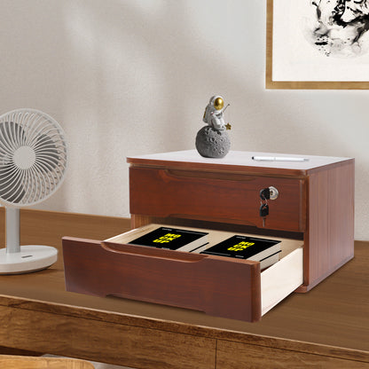 2-Tier Locking with Lock - Heavy-Duty Tung Wood, Walnut-Finish Desktop Organizer with 2 Drawers & Top Shelf for Home Office, Study, or Living Room - Locking Mechanism, Space-Saving Design, Ideal Gift for Organizing Documents,