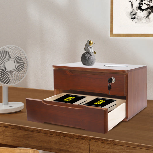 2-Tier Locking with Lock - Heavy-Duty Tung Wood, Walnut-Finish Desktop Organizer with 2 Drawers & Top Shelf for Home Office, Study, or Living Room - Locking Mechanism, Space-Saving Design, Ideal Gift for Organizing Documents,