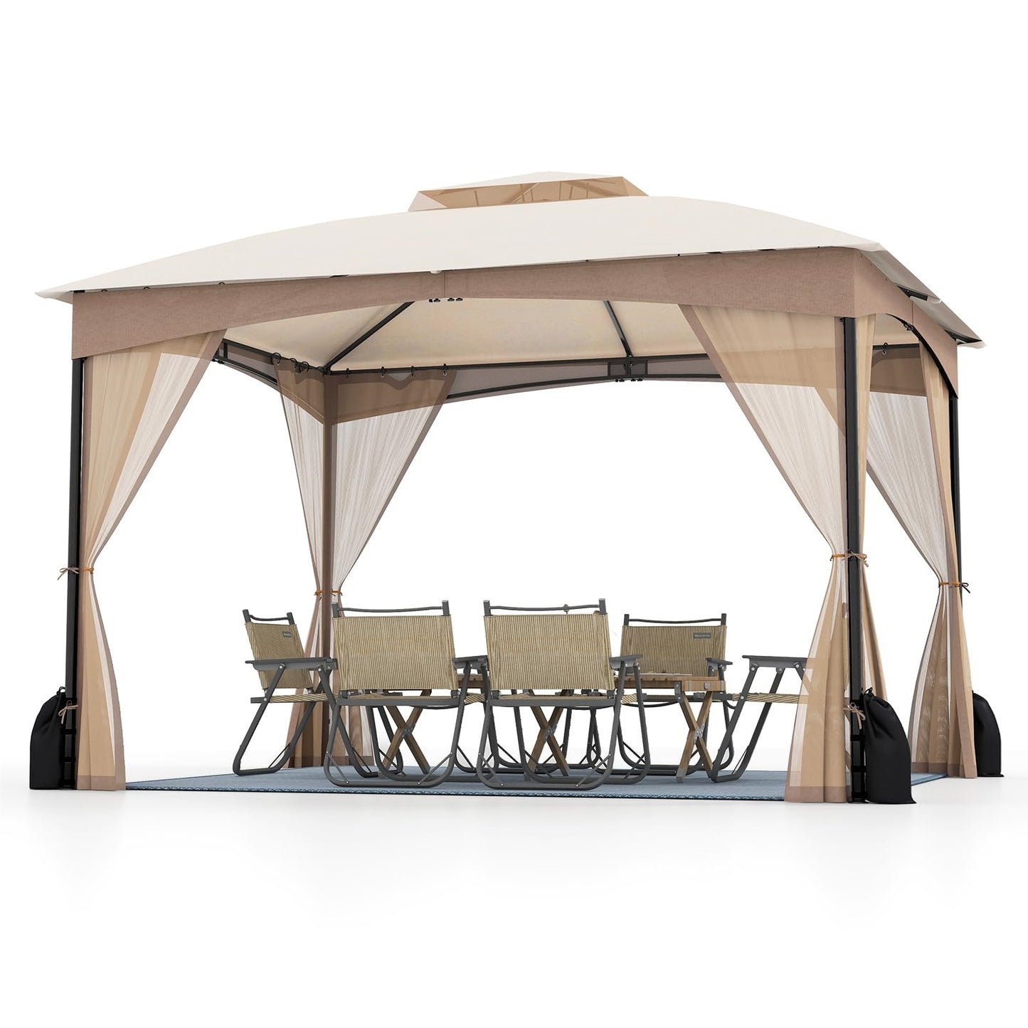 Paviljoen – Tuinpaviljoen – Partytent – Overkapping – Tuintent – 3 x 3,6 meter – Waterdicht en Winterbestendig – Inclusief 4 Muggenhorren en Zandzakken – Dubbel Dak – Khaki