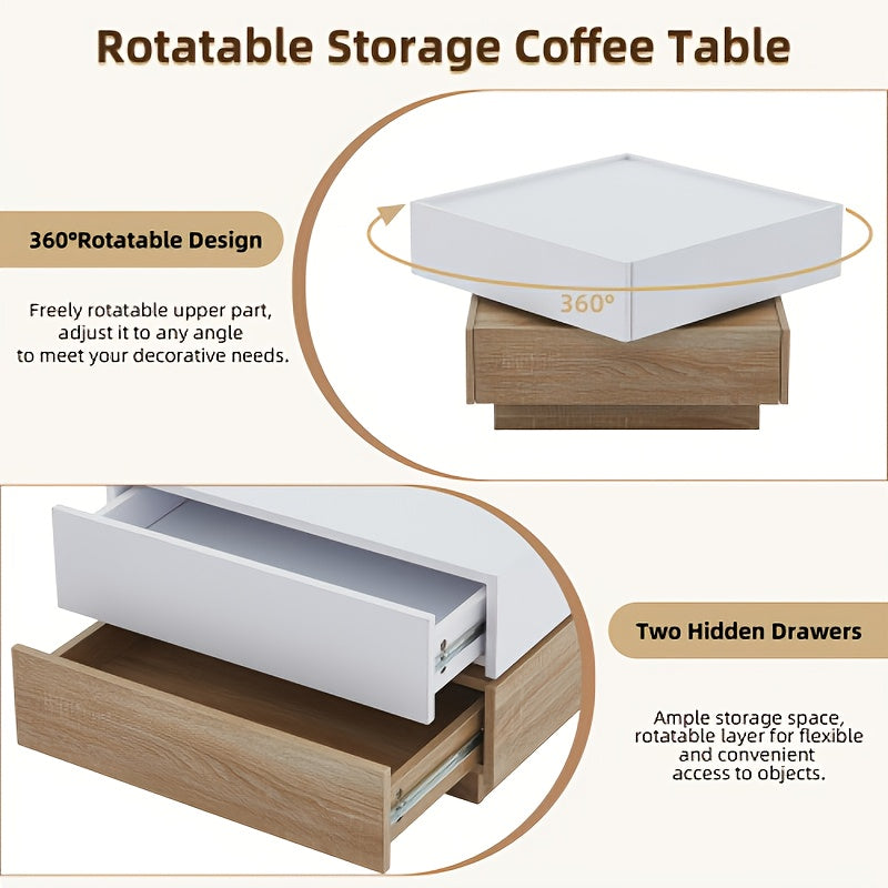 Salontafel – Bijzettafel – Koffietafel – Woonkamertafel – Tafel – 360° Draaibaar Tafelblad – 3 Ruime Legplanken van Duurzaam Bamboe