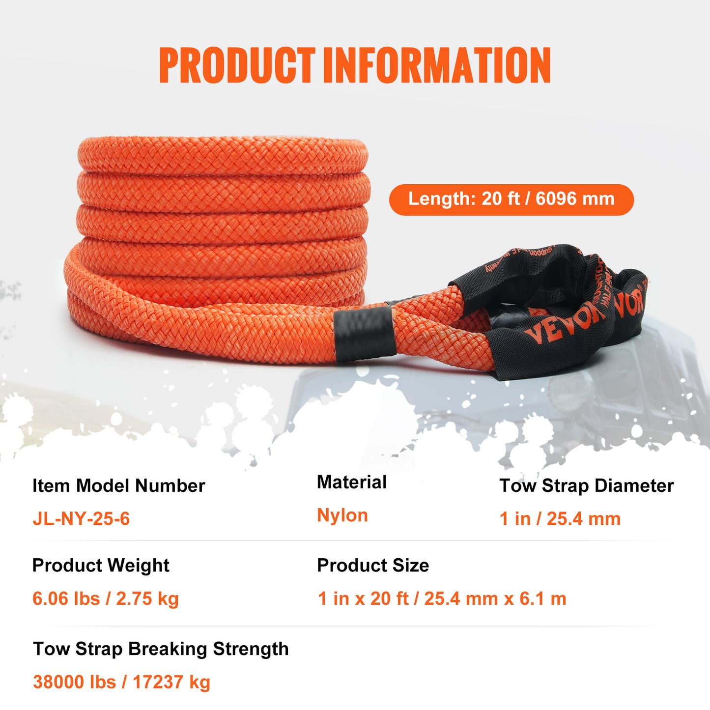 Trekkoord – Trektouw – Sleepband – Recovery Strap – Trekband – 6 Meter Lengte – 38.000 lbs Trekkracht – Hoogwaardig Nylon Met 30% Elasticiteit