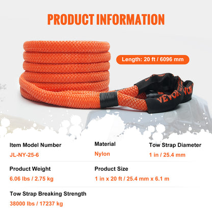 Trekkoord – Trektouw – Sleepband – Recovery Strap – Trekband – 6 Meter Lengte – 38.000 lbs Trekkracht – Hoogwaardig Nylon Met 30% Elasticiteit