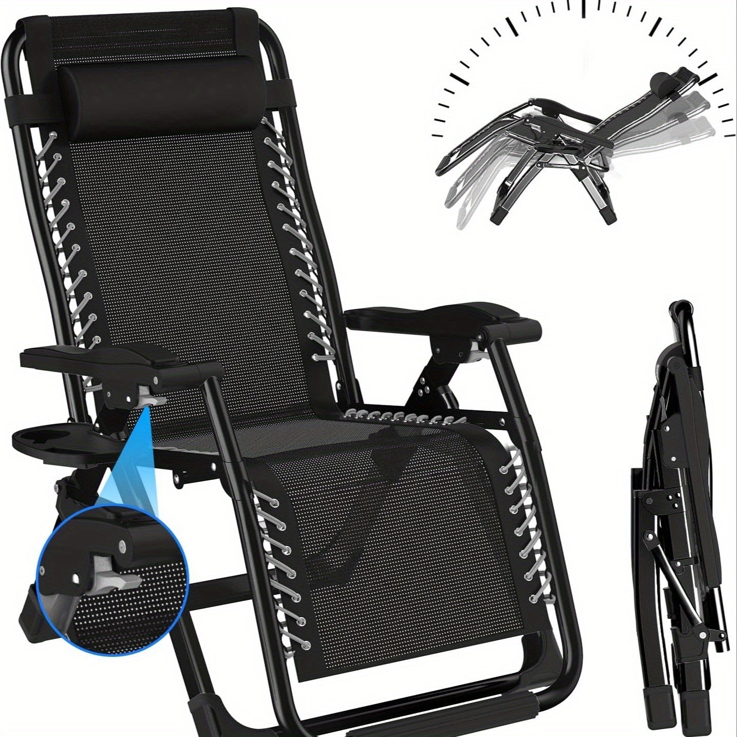 Inklapbare Loungestoel – Campingstoel – Tuinstoel – Balkonstoel – Relaxstoel – Verstelbare Rugleuning – Uitneembare Kussens – Stevig Metalen Frame – Inclusief Hoofdsteun en Zijtafel – Silvery 65 cm