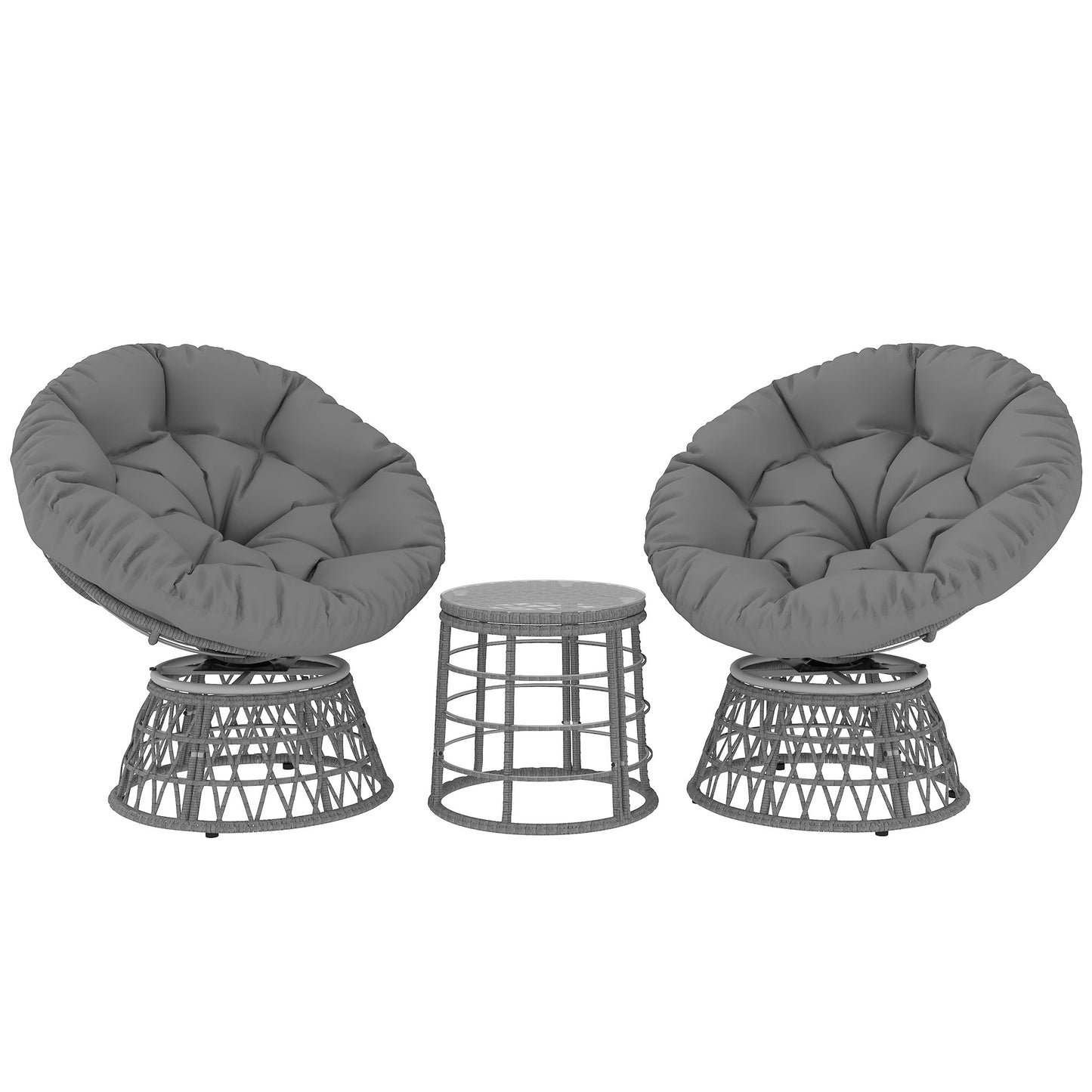 Tuinset – Tuinmeubelset – Loungeset – Balkonset – Tuinmeubelen – 2 Draaibare Papasan Fauteuils – 1 Ronde Bijzettafel – UV Bestendig Rattan Effect – 360° Draaibare Stoelen met Dikke Kussens