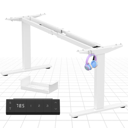 In hoogte verstelbaar bureauframe – Zit sta bureauframe – Verstelbaar bureau onderstel – Ergonomisch bureau frame – Bureauonderstel met beensteun – Verstelbare hoogte 73-122 cm – Verstelbare lengte 80-140 cm – Robuust grijs ijzer