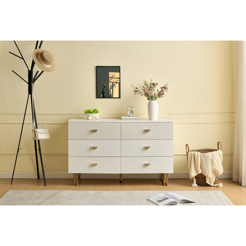 Dressoir – Kast – Ladekast – Opbergkast – Sideboard – Modern Design – 6 Laden – MDF & Stalen Poten – Wit Met Gouden Accenten – 120x40x75 cm