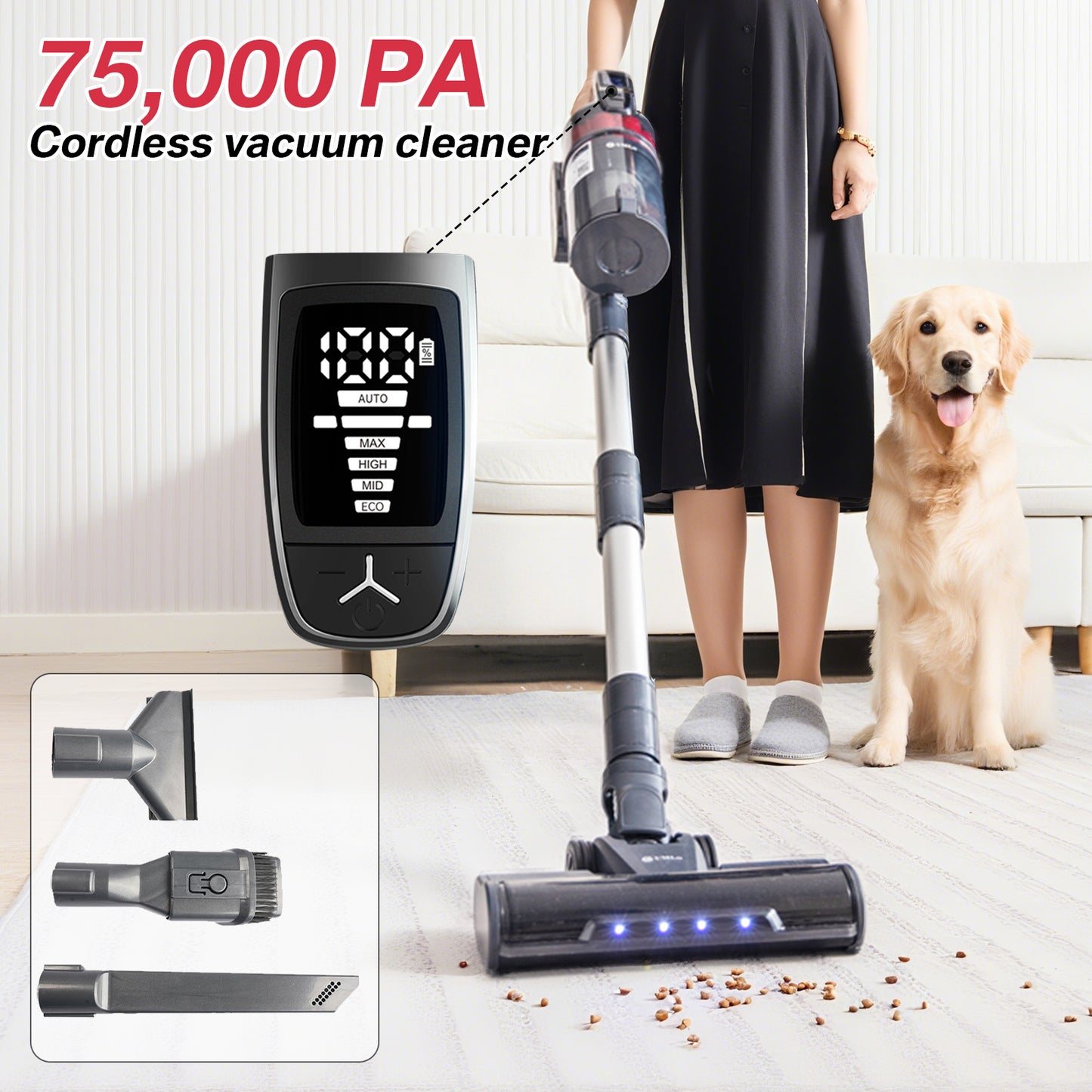 Stofzuiger – Draadloze Stofzuiger – Steelstofzuiger – Handstofzuiger – Zakloze Stofzuiger – Krachtige Zuigkracht 75.000 Pa – 1,2 Liter Stofopvang