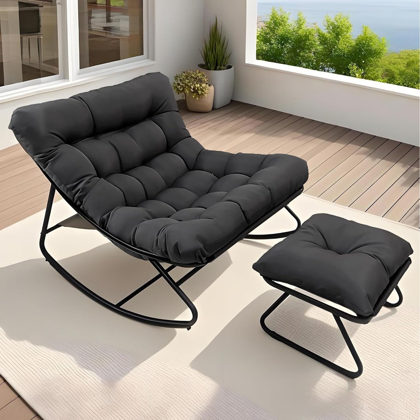 Schommelstoel – Draaifauteuil – Relaxstoel – Loungestoel – Stoel Zwart – Handmatige Verstelbare Rugleuning – 360° Draaifunctie