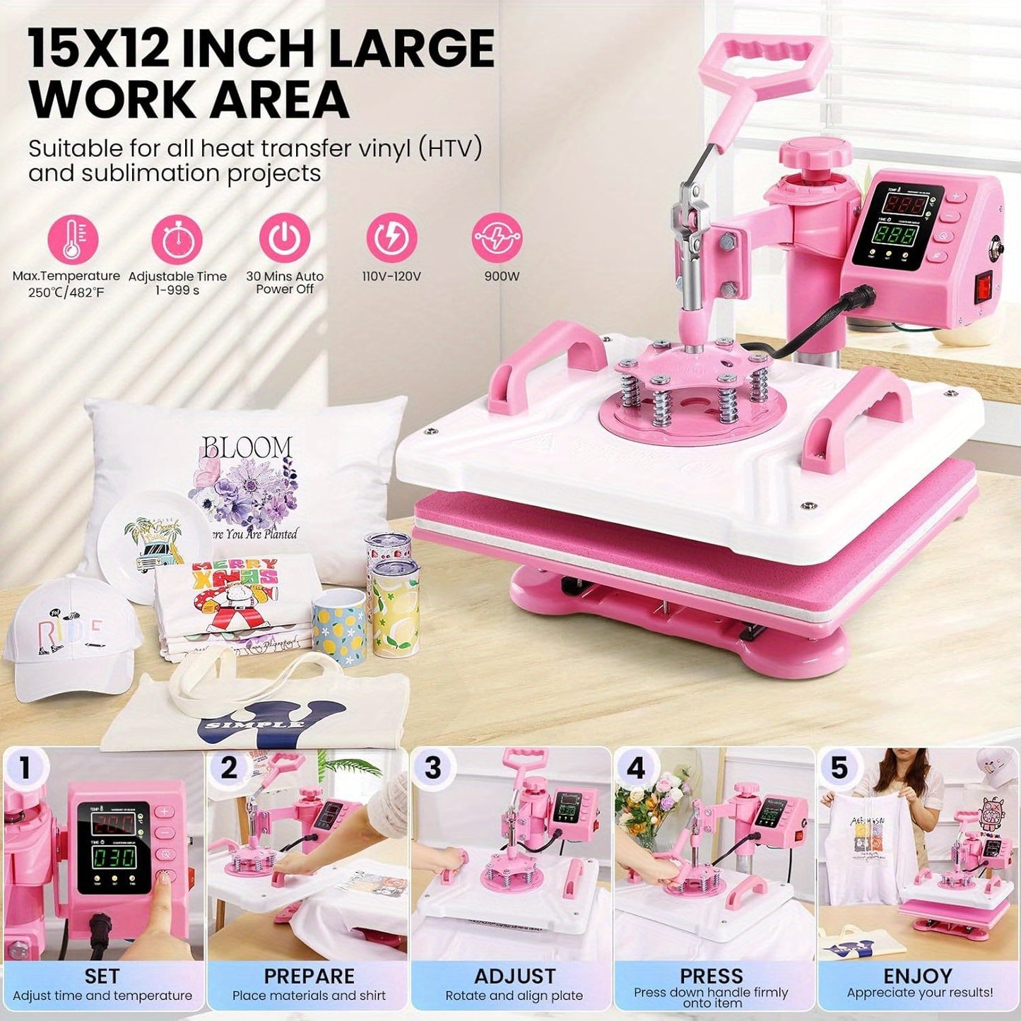 Transferspers – Hittepers – Heat Press Machine – Textielpers – Warmtepers – 8-in-1 Multifunctioneel – 38,1x30,48 cm – 360° Swing Away Ontwerp – Robuust IJzer en Kunststof
