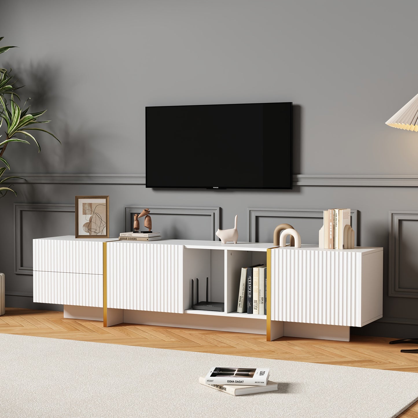 TV-Meubel – Tv Kast – Mediameubel – Entertainmentmeubel – Tv Console – Modern Wit Met Gele Accenten – Geschikt Voor Tv’s Tot 80 Inch – Ruime Opbergruimte 190x35x45,5 cm