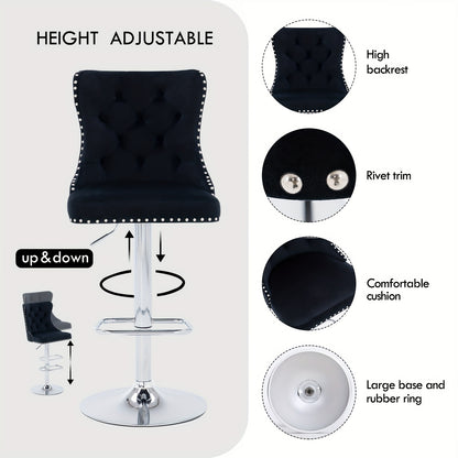 Modern Bar Stools Set Of 2, Swivel Velvet Adjustable Stools with Lion Head Pull Ring, Upholstered Kitchen Chairs with Ergonomic Backrests & Nailhead Trims, Suitable for Kitchen Island, Dining Room & Bar