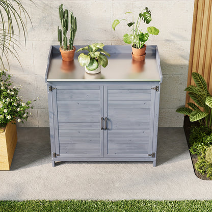 Tuinwerkbank – Oppottafel – Tuinwerktafel – Plantentafel – Werkbank – Met Metalen Werkblad – Houten Opbergruimte Met Verstelbare Plank – Duurzaam En Weerbestendig