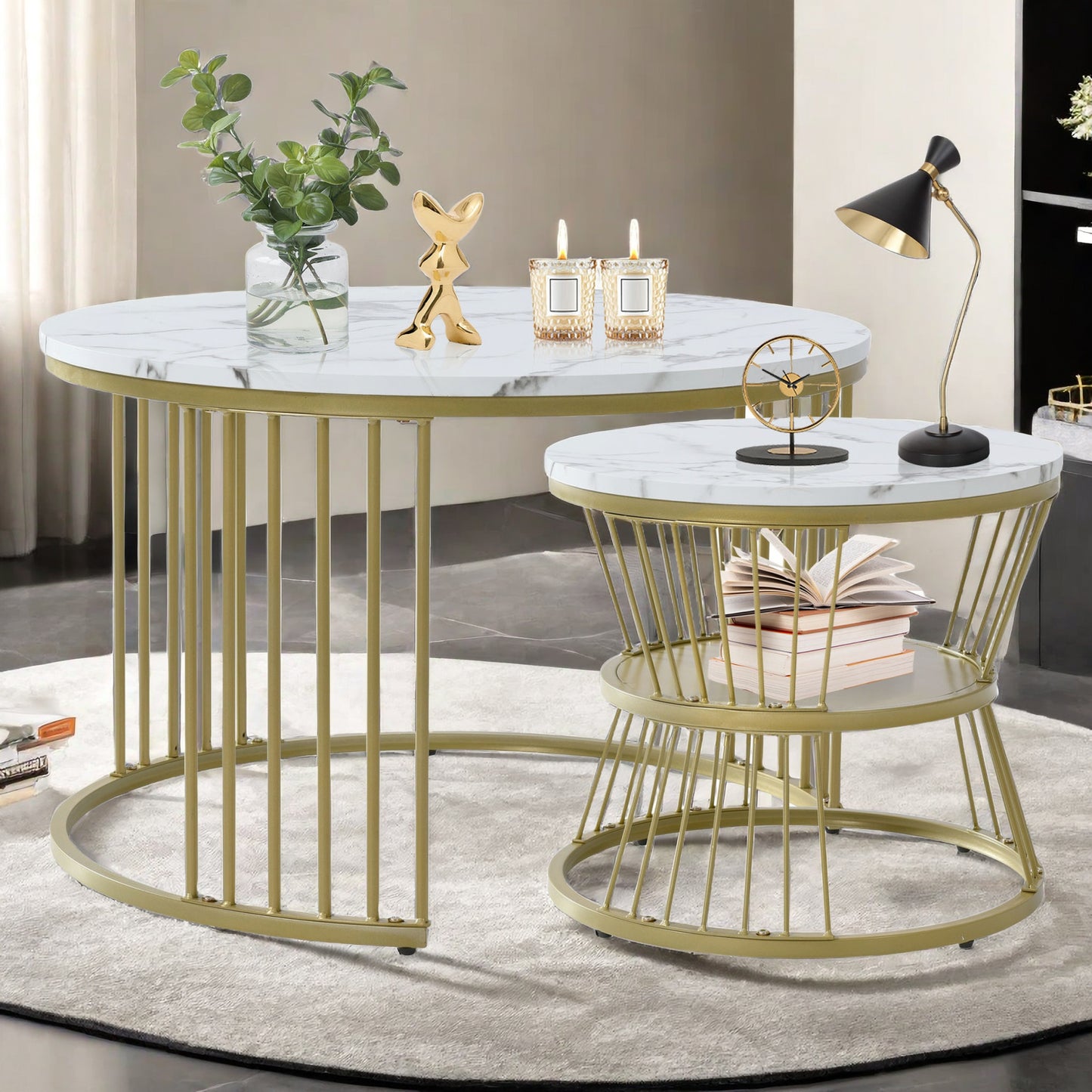 Bijzettafel – Koffietafel – Salontafel – Zijtafel – Banktafel – Ronde Set – Marmerpatroon – Stapelbaar Design – MDF Tafelblad – Metalen Onderstel