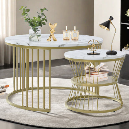 Bijzettafel – Koffietafel – Salontafel – Zijtafel – Banktafel – Ronde Set – Marmerpatroon – Stapelbaar Design – MDF Tafelblad – Metalen Onderstel