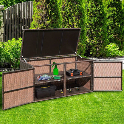 Rattan Opbergkist – Tuinbox – Buitenkast – Opbergkast – Speelgoedkist – Weerbestendig Met Metalen Frame – 2-laags Met Deksels