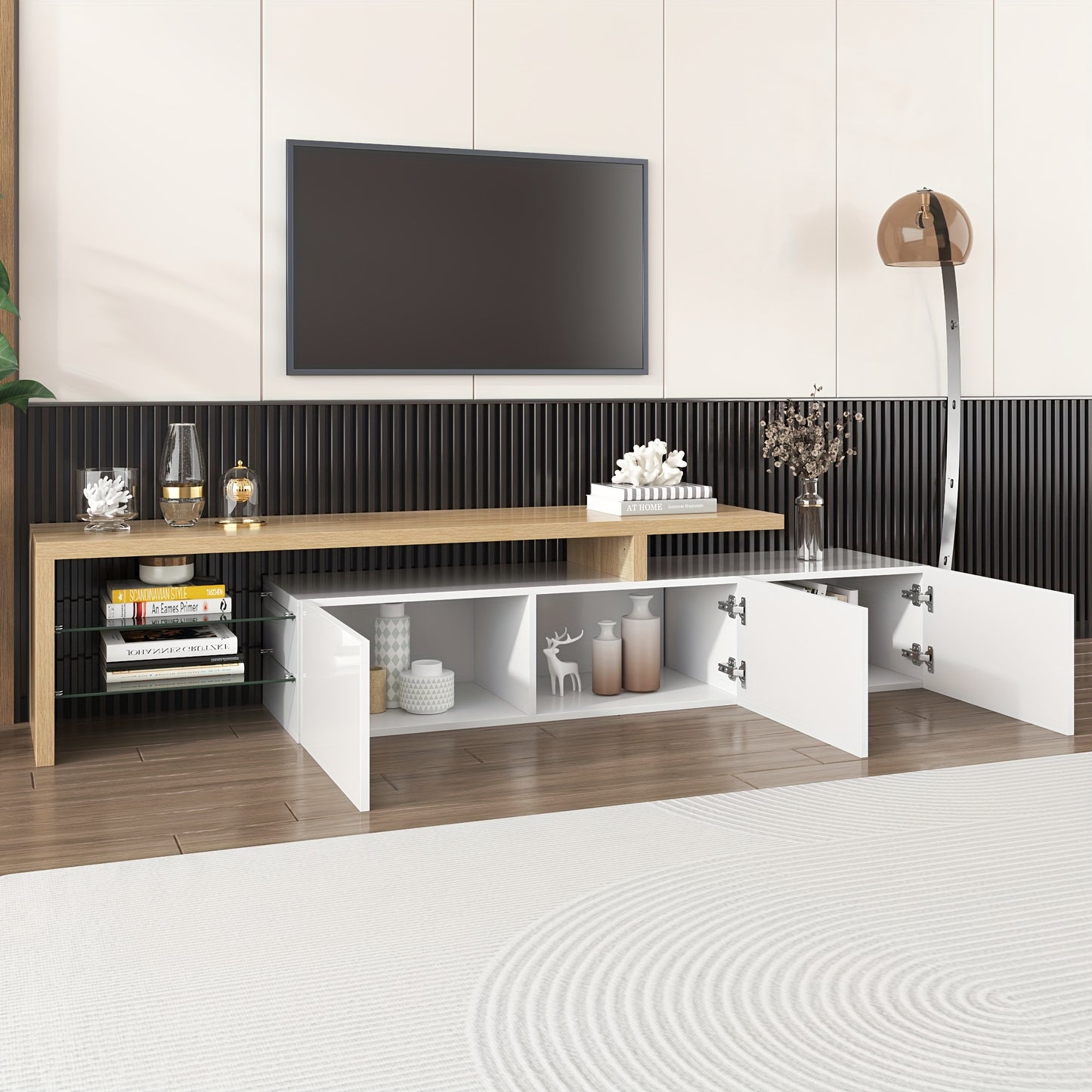 TV-meubel – TV-kast – Entertainmentmeubel – Woonkamermeubel – TV-standaard – Hoogglans zwart – MDF houtlook – Glazen legplanken – Ruime opbergruimte – Eenvoudig te monteren