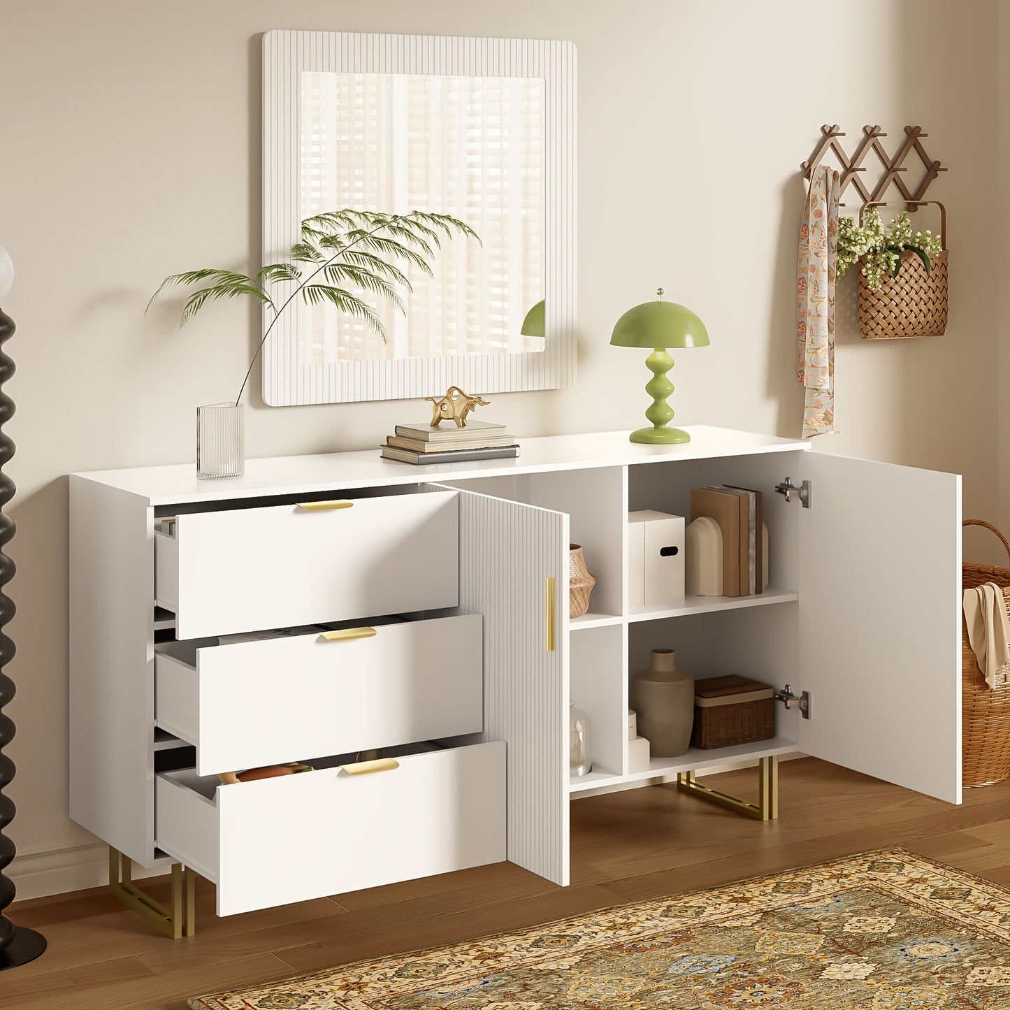Spiegel en Dressoir Set – Wandspiegel – Kaptafel – Opbergkast – Ladekast – Wit – Gouden Handgrepen – 80x80 cm Spiegel – Bamboe Materiaal