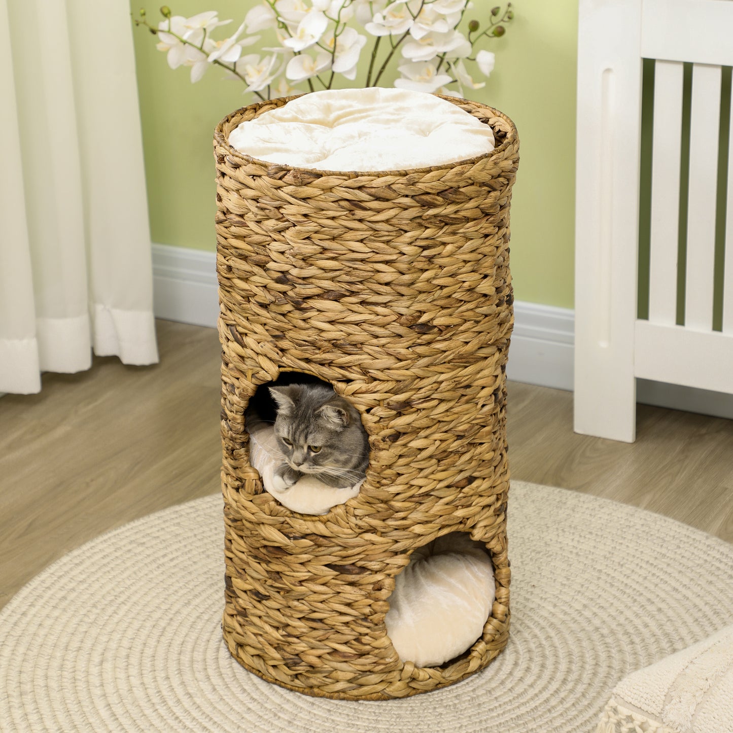 Kattenhol – Kattenhuis – Kattenmand – Kattenhuisje – Kattenhut – Boho Design – 3 Niveaus Met Kussen – Ø40 x 73 cm Lichtbruin & Crème Wit