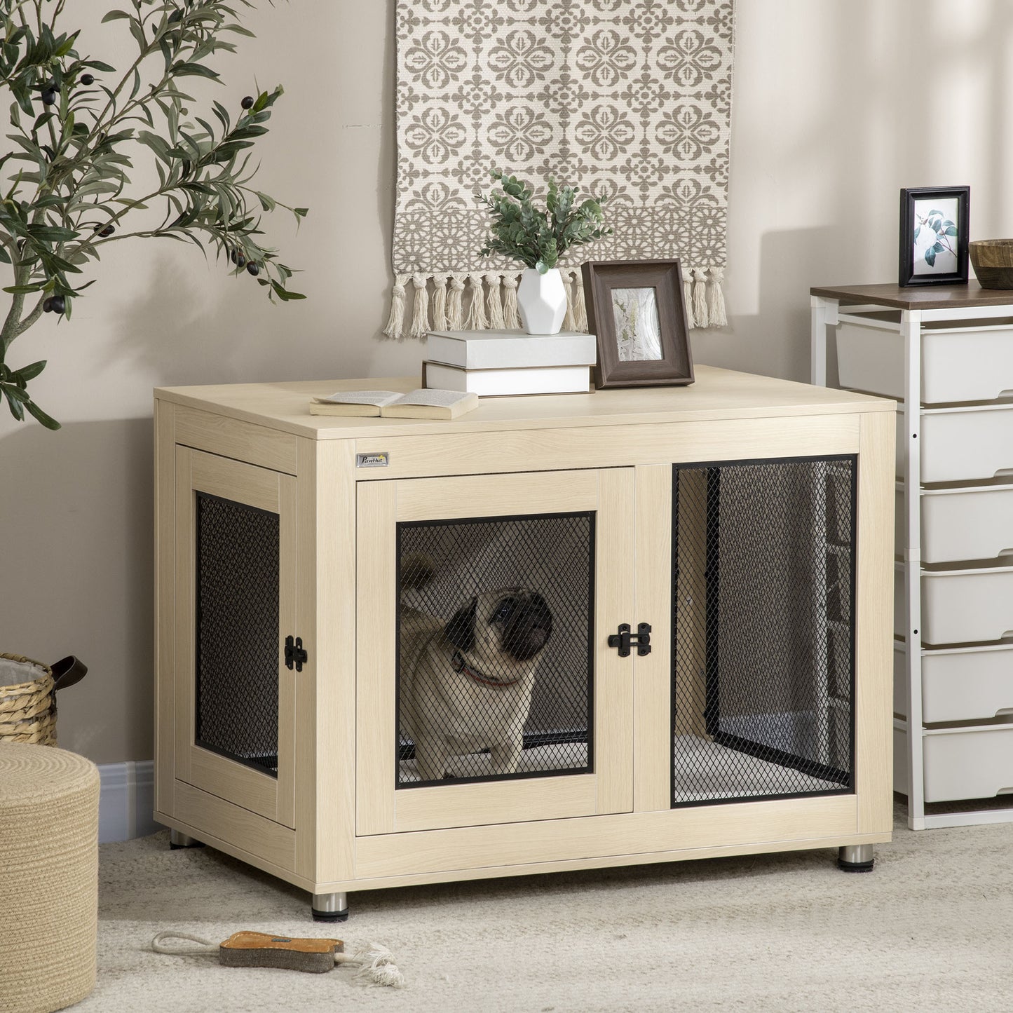 Hondenbench – Hondenkooi – Hondenkennel – Hondenhok – Bench Op Poten – Grote Maat 94x60x71,5 cm – Zwart Stalen Frame Met Houtlook