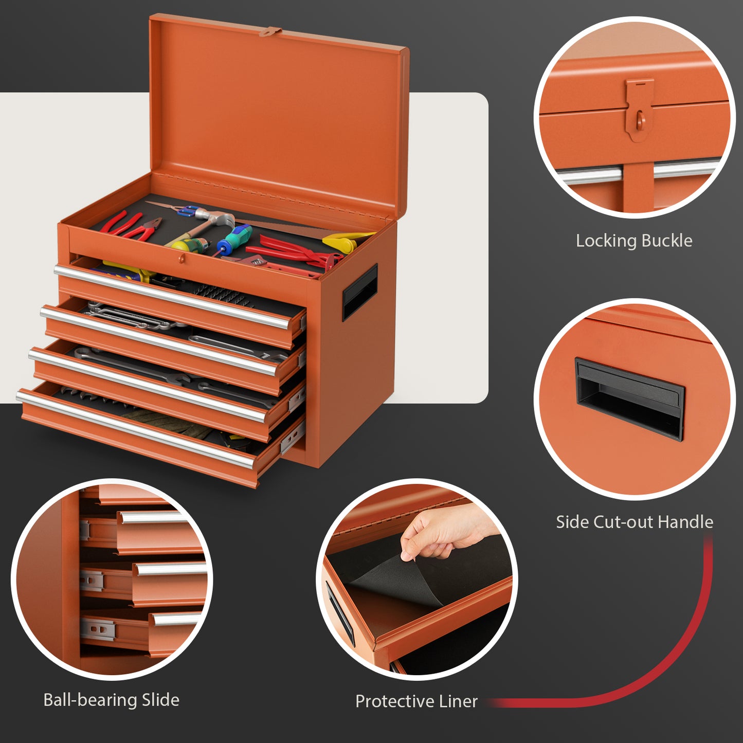 Werkstatttrolley – Gereedschapswagen – Toolcart – Werkbankwagen – Opbergtrolley – Oranje Kleur – Verwijderbare Gereedschapskist – 6 Laden Met Verstelbare Plank