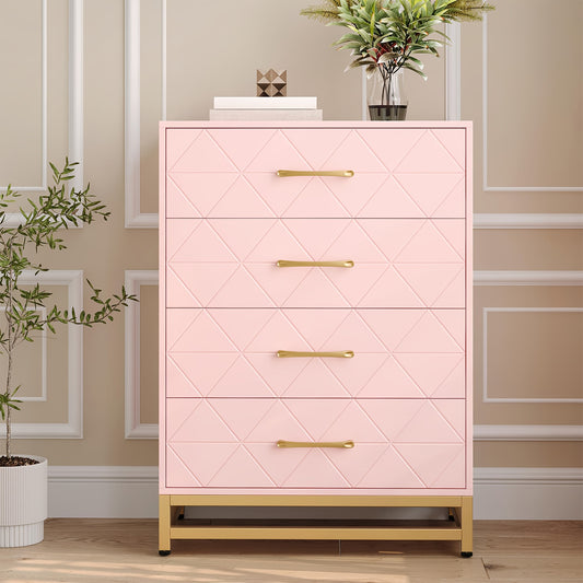 Nachtkastje – Ladekast – Bijzettafel – Opbergkast – Kast – Roze – 4 Lades – Hout – 69 cm Hoog – Gouden Handgrepen – Modern Minimalistisch Design