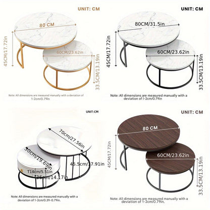 Salontafel – Koffietafel – Bijzettafel – Salon Tafel – Tafeltje – Set van 2 – Wit Marmer Tafelblad – Gouden Metalen Frame met Opbergruimte