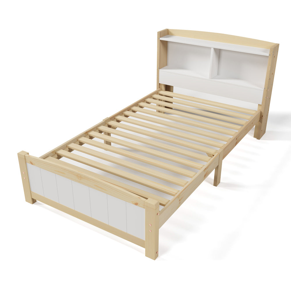Bedframe – Eenpersoonsbed – Kinderbed – Logeerbed – Slaapbank – Massief Houten Frame – Opbergruimte Hoofdeinde – 90x200 cm – Wit – Duurzaam – Eenvoudige Montage