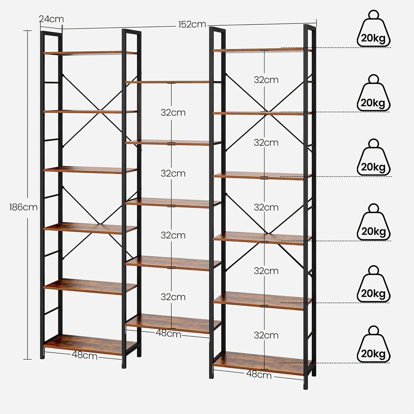 Bookcase, Standing Shelf With 17 Shelves, Closet Storage System, Adjustable Spacing, Book Shelf With Metal Frame, For Living Room, Bedroom, Home Office, Mounted Closet Systems - QUORE