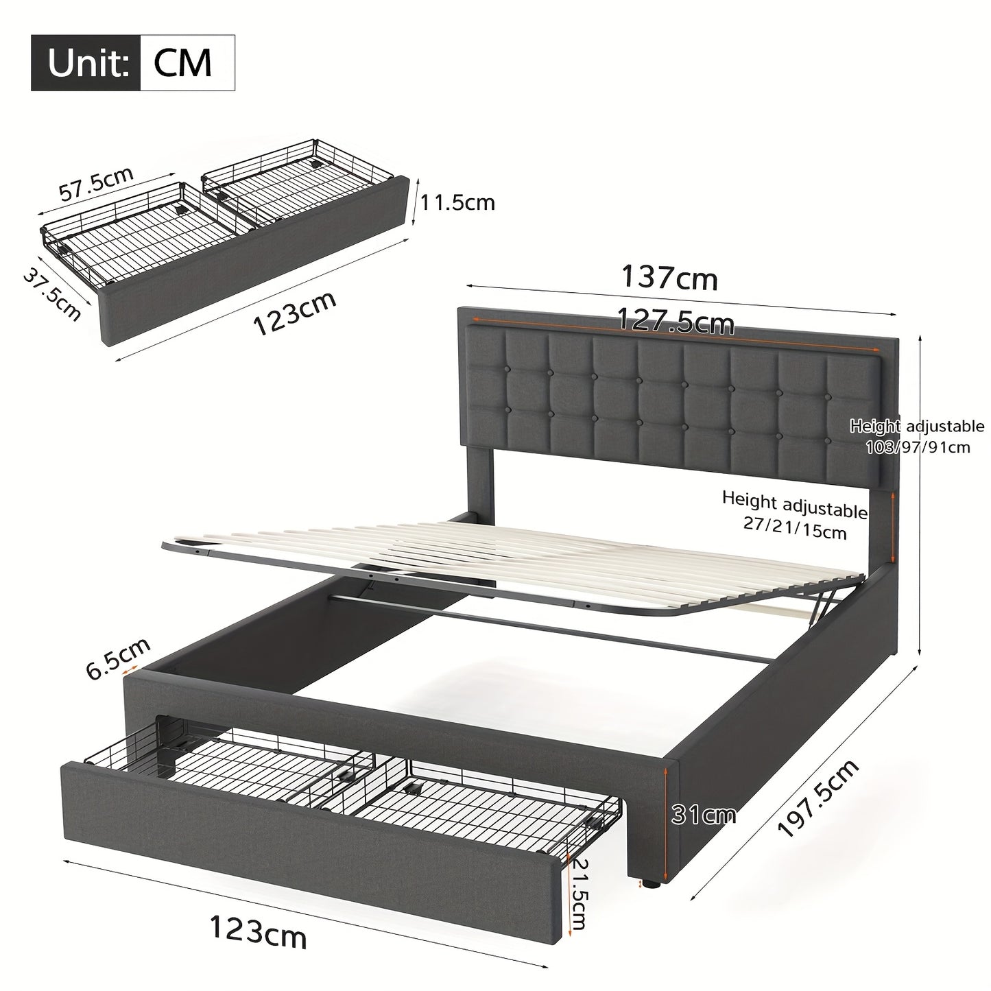 Opbergbed – Opbergbed met Gaslift – Bed met Lade – Gestoffeerd Bed – Tweepersoonsbed 160x200 cm – Gasveermechanisme – Gestoffeerd Hoofdeinde