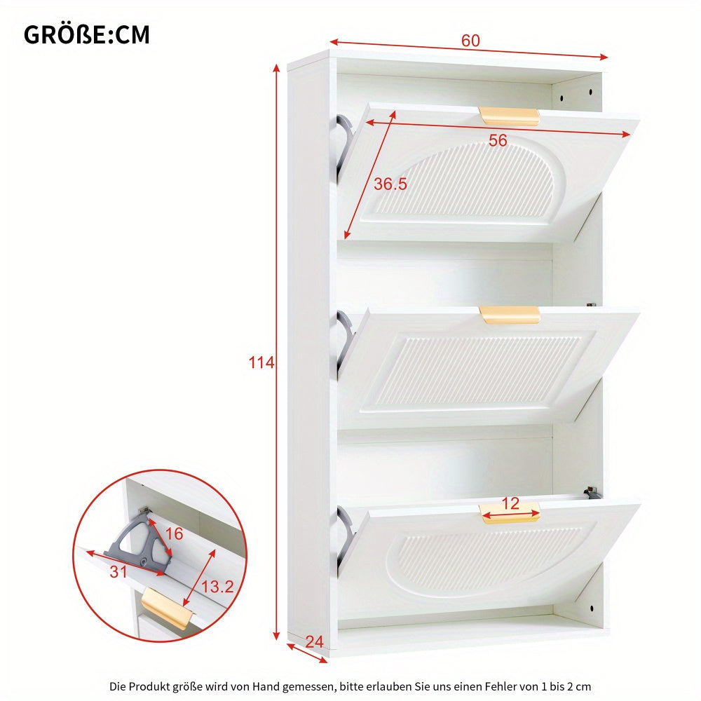 Modern White Narrow Shoe Cabinet with 3-Tier Shelves & Baffles - Space-Saving Vertical -Standing MDF Shoe Storage Unit, Golden-Like Label-Compatible for Hallway, Living Room, Entryway - Compact Shoe Rack (60x24x114cm), Shoe S