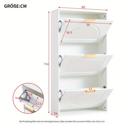 Modern White Narrow Shoe Cabinet with 3-Tier Shelves & Baffles - Space-Saving Vertical -Standing MDF Shoe Storage Unit, Golden-Like Label-Compatible for Hallway, Living Room, Entryway - Compact Shoe Rack (60x24x114cm), Shoe S