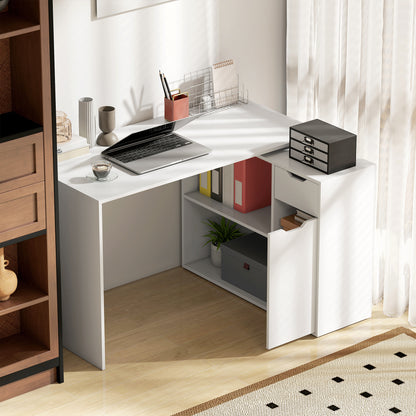 Flexibel Bureau – Bureautafel – Studiebureau – Werkplek – Schrijftafel – Wit Houten Design – 2-Laagse Kast & Lade – Compact en Onderhoudsvriendelijk