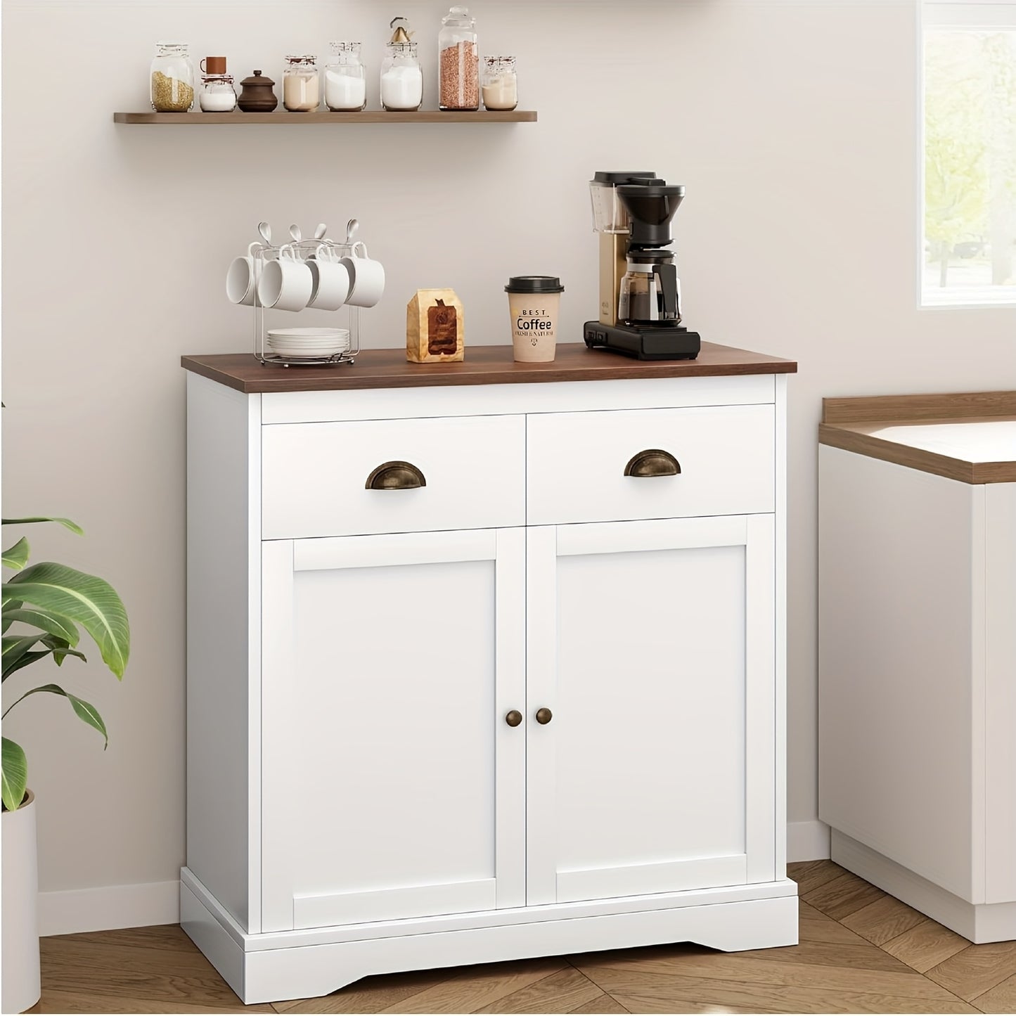Dressoir – Keukenkast – Ladekast – Buffetkast – Opbergkast – Wit MDF – 80x40x90 cm – 2 Deuren en 2 Laden – Verstelbare Plank