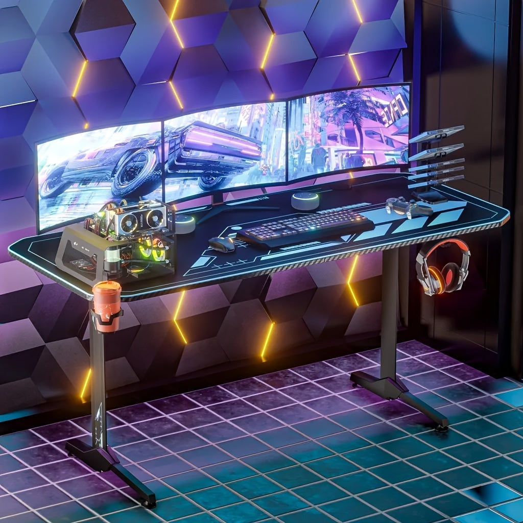Gaming Bureau – Gaming Tafel – Game Desk – Computerbureau – PC Tafel – 160x75x75 cm – Carbon Fiber Muismat – Bekerhouder en Headsethaak