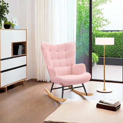 Schommelstoel – Schommelstoel Met Armleuning – Relaxstoel – Stoel Met Hoge Rugleuning – Teddy Bekleding Roze – Ergonomisch Design – Memory Foam Zitting