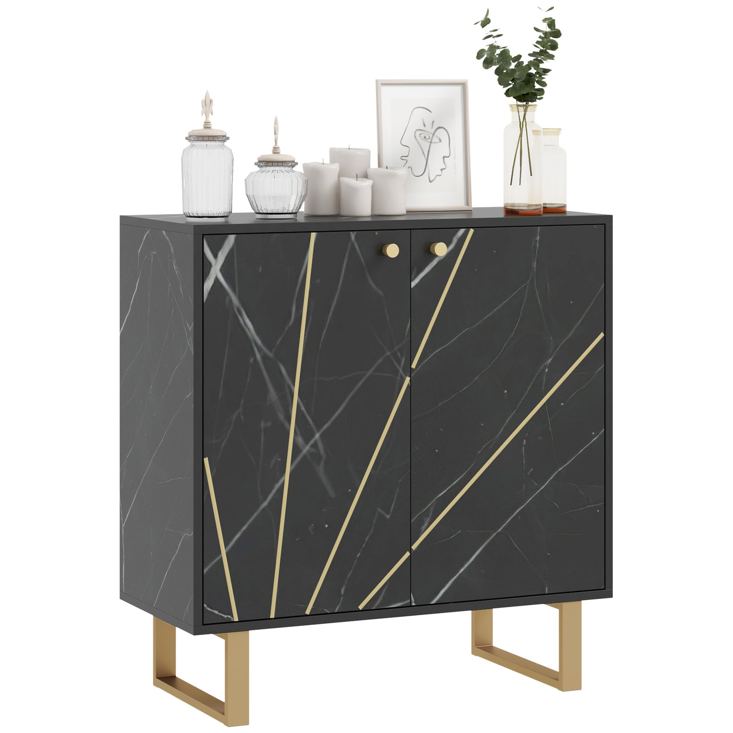 Buffetkast – Opbergkast – Dressoir – Kast – Kast Met Deuren – Zwarte Marmerlook – Verstelbare Plank – Metalen Poten – Compact 76x35x77 cm